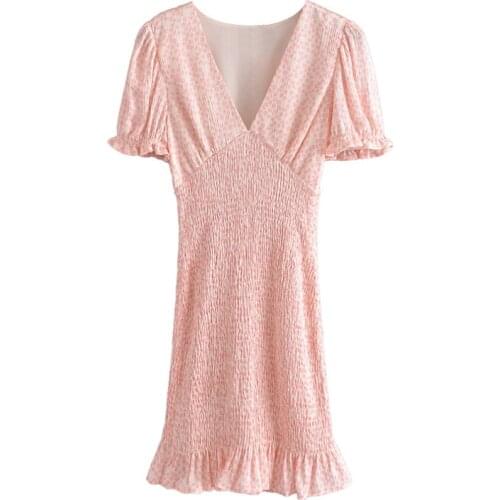 Sweet Floral Printed V Neck Mini Dress Elegant A Line Butterfly Short Sleeve Dress Female Chic Elastic Bust Dresses