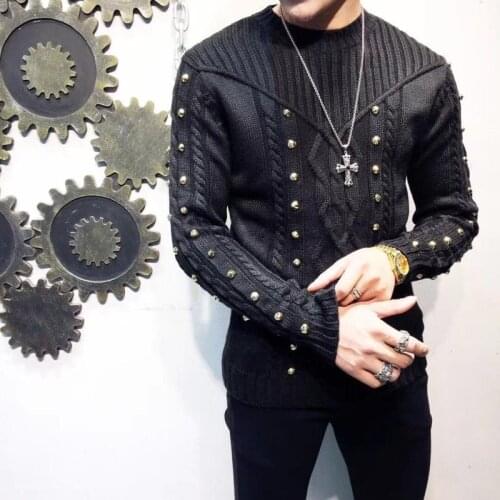 Hot Autumn And Winter New Tide Men Fashion Diamond Studded Jacquard Youth Slim Wool Sweater Woven Mens Long Sleeve Sweaters
