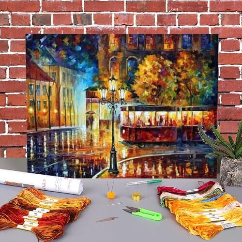 Night Trolley Pre-Printed 11CT Cross Stitch DIY Embroidery Complete Kit DMC Threads Handicraft Craft Painting Floss