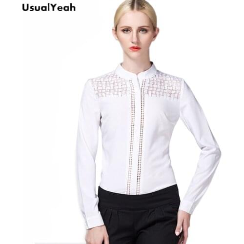 UsualYeah New Women Fashion OL Body Blouse Shirt Long Sleeve White Lace Workwear blusas femininas S-XXL SY0327