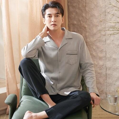 Mens Soft Cotton Pajamas Set Autumn Long-Sleeve Tops + Long Pants Nightwear Home Wear Suits Simple Fashion Sleepwear for Men