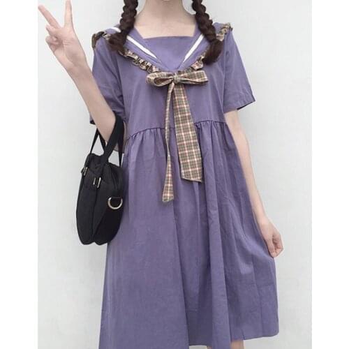 Japanese College Short-Sleeved Sailor Collar Dress Sweet Bow Loose Slimming Mid-Length Skirt Women japanese school uniform