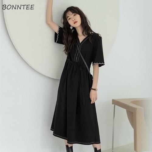 Short Petal Sleeve Design V-neck Sashes A-line Black Female Dresses Summer Korean Style Vintage Trendy Casual Slim Soft Simple