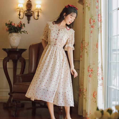 2021 Mori Girl Summer Women Gorgeous Dress Peter Pan Collar With Lace Heart Print Elegant Dress Petal Sleeve Chiffon Midi Dress