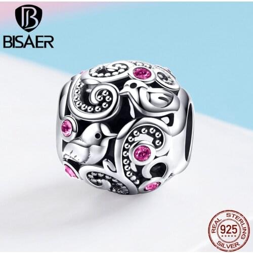 BISAER Authentic 925 Sterling Silver Love Birds Charms Love messenger Beads fit for Jewelry Making Valentines Day Gift ECC1014