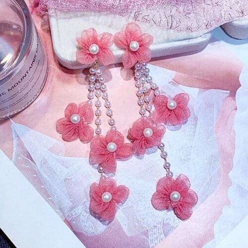 Sweet Yarn Flower Dangle Earrings for Women Bohemian Pearls Drop Earrings Vacation Holiday Party Jewelry Accessories