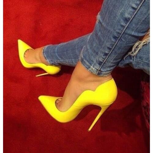 Sexy Back Cut Pointed Toe High Heel Shoes Ladies Lemon Yellow Patent Leather Shallow Stiletto Heels Thin High Heels Wave Pump