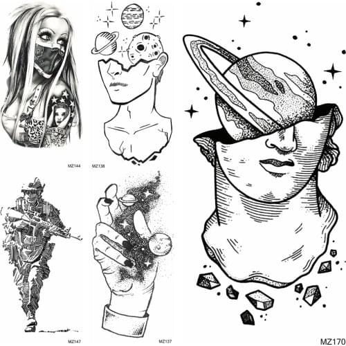 Creative Galaxy Planets Temporary Tattoo Sticker Realistic Fake Gangster Soldier Tatoo For Adult Body Art Waterproof Black Tatoo