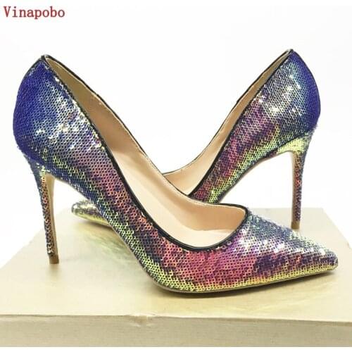 Vinapobo Woman Shoes Sequined string bead 12/10/8cm High Heels Stilettos Pointed Toe Wedding Party Pumps Shallow Women Shoes