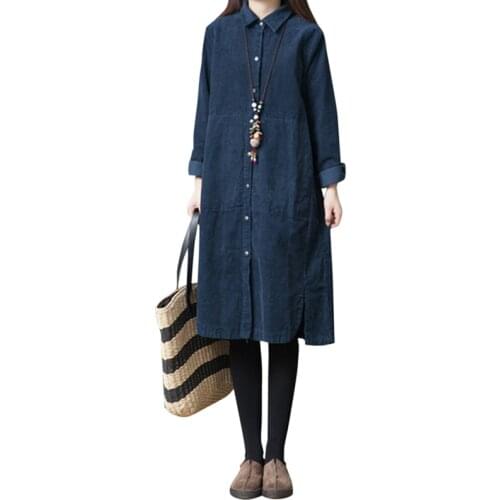 Vintage Women Cotton Shirt Dress Pure Turn-down Collar Button Long Sleeve Split Loose Midi Dress Women Plus Size Autumn Dress