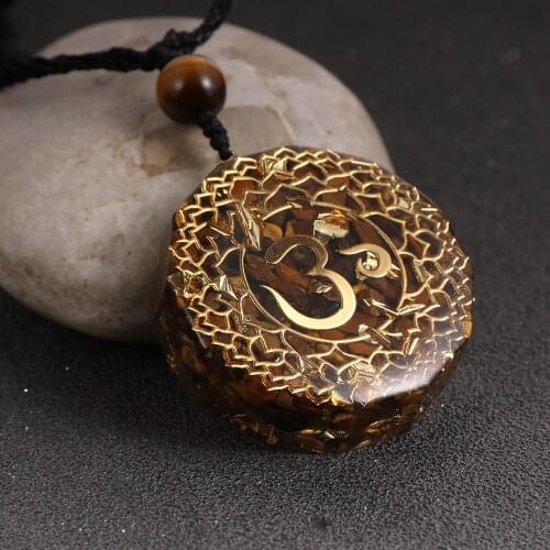 Yoga OM Healing Resin Crystal Energy Orgone Pendant Necklace Chip Tiger Eye Stone Round Pendants Reiki Necklaces For Men Women