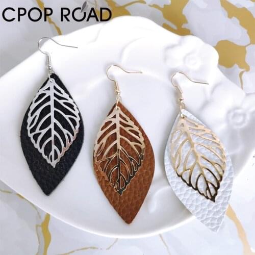Cpop Cowhide Leaf Leather Earrings for Women Metal Leaf Simple Teardrop Dangle Earrings Chic Trendy Female Jewelry Wholesale