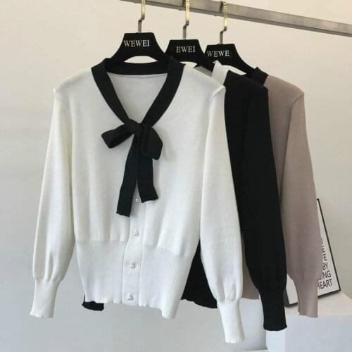 2020 New Autumn Pullover Sweater Women Fashion Slim Long Sleeve Patchwork Color Bow Collar Knitted Short Sweater Ladies Clothing