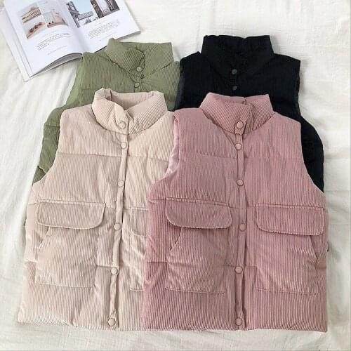 2021 Womens Sleeveless Vest Jacket Winter Warm Plus Size 2XL Corduroy Button Vest Collar Harajuku Solid Sleeveless Outerwear