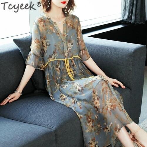 Tcyeek Real Silk Dress Women Summer Dress Print Floral Dresses Long Party Dresses Elegant Office Wear Vestidos Verano LWL1520