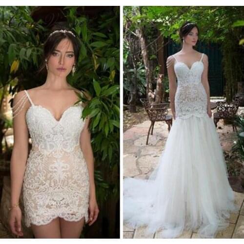 Sexy Straps Dubai Quality Mermaid Wedding Dress detachable Tail Embroidery Appliques Beading Wedding Dresses New W0304