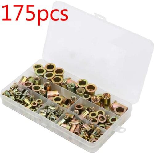 175Pcs M3/M4/M5/M6/M8/M10 Color Plated Zinc Steel Rivet Nut Metric British System Knurled Nut Flat Head Insert Nutsert