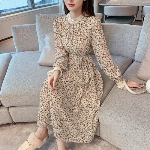 2020 Vintage Print Long Sleeve Midi Dresses Autumn Winter New Plus Size Chiffon Long Dress Elegant Women Bodycon Party Vestidos