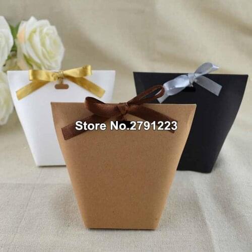50pcs Blank Kraft Paper Bag White Black Candy Bag Wedding Favors Gift Box Package Birthday Party Decoration Bags With Ribbon