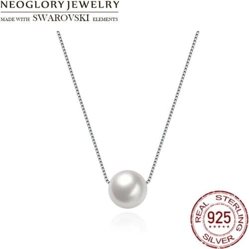 Neoglory S925 Sterling Silver & Simulated Pearl Charm Simple Chain Necklace White Color Wedding Event Choker For Daily Gift