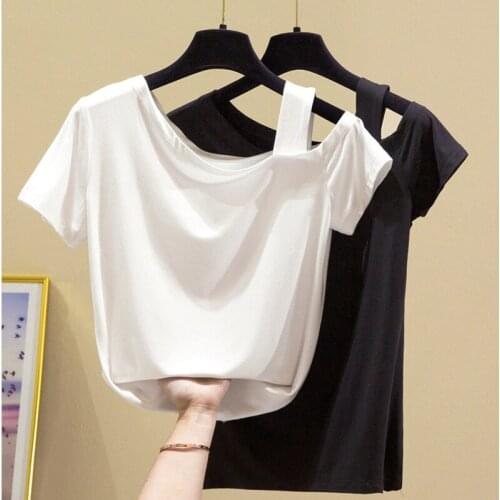 Gkfnmt T Shirt Off Shoulder Tee Shirt Femme Female Slim White Top Fashion Clothes 2020 Summer Top Cotton Black Plus Size