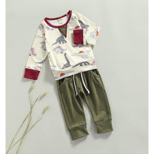 Summer Toddler Baby Boy Clothes Set Cotton Dinosaur Printed Long Sleeve T-shirt Top + Solid Long Trousers 2pcs Outwear Clothes