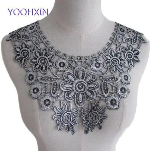 HOT Silver cotton embroidery 3D flower lace collar Fabric Sewing Applique DIY bridal neckline ribbon trim Guipure wedding decor