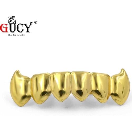 GUCY Fit Light Gold Color Plated Hip Hop Teeth Grillz Caps Solid Lower Bottom Vampire Fang Grills Cap Halloween Gift