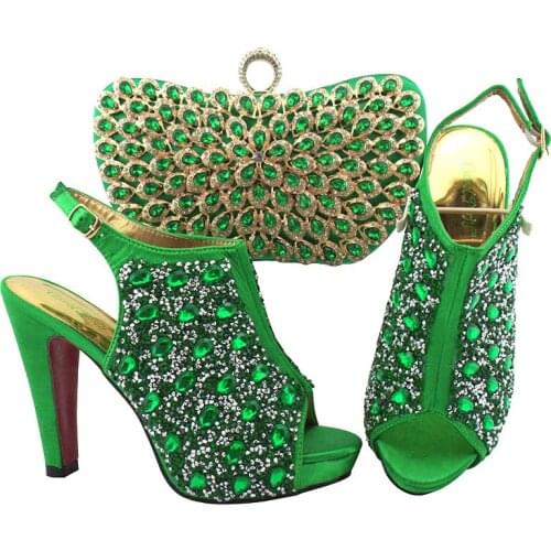 Italian Design Fashion Special Colorful Crystal Mixing Metal Style Afrcian Women Shoes and Bag Set in Green Color For Party