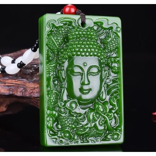 CHINESE GREEN JADE BUDDHA PENDANT NECKLACE CHARM JEWELLERY FASHION ACCESSORIES HAND-CARVED MAN WOMAN AMULET FREE ROPE