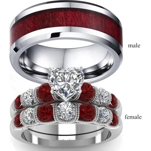 2021 Couple Ring Women White Gold Color Heart Garnet Ring Men Stainless Steel Wedding Engagement Band Valentine Day Gift Jewelry