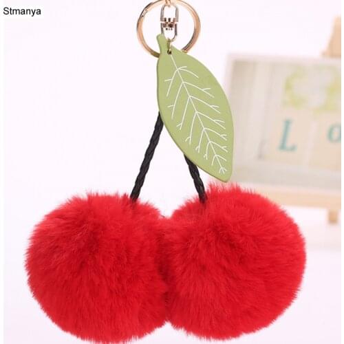 Fashion 8cm ball Key Chain female Bag Charms Accessories faux Fur PomPom cherry Pendants leaf Car Key Ring Gift jewelry K1622