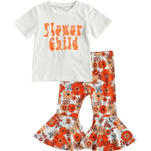 New 2 Pieces Kids Suit Set Girls Floral Print Round Neck Shirt Sleeve T-Shirt+ Flared Trousers for Summer 2-7 Years