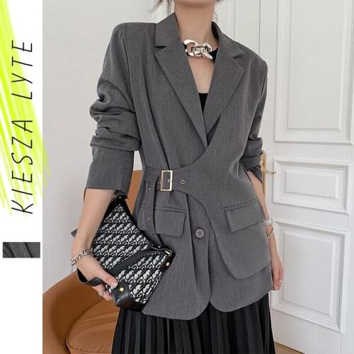 New Blazer Womens Suit Jackets Vintage Fashion 2020 Office Ladies Metal buckle Solid Grey Jacket Casual Female Outerwear Blazers
