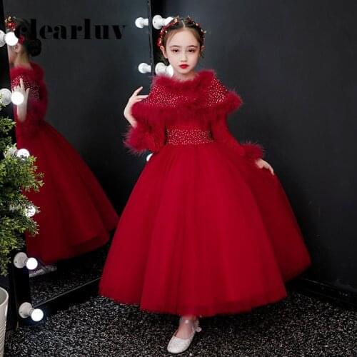 Long Sleeves Flower Girl Dresses for Weddings B026 Fake Shawl Girls Princess Dresses 2020 Long Red Crystal Thick Kids Ball Gown
