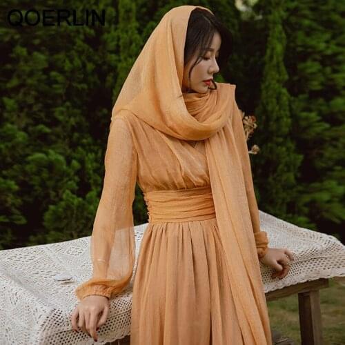 QoerliN Women Orange High Waist Ankle-Length Mesh Dress Elegant Plus Size Long Dress V-Neck Long Sleeve Retro Dress Female S-2XL