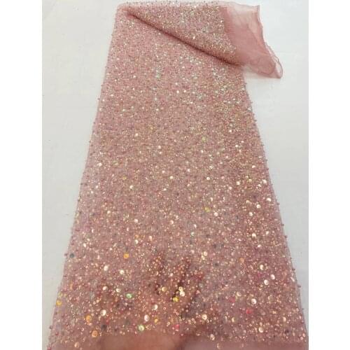 Pink Sequin Beads Lace Fabric Dubai 2021 High Quality French beads Lace Fabrics 5 Yards For Wedding dress
