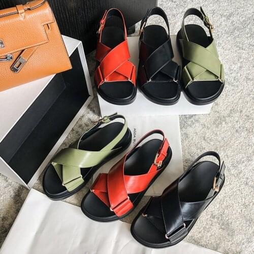 Sandals women Summer shoes Peep-Toe Leather Sandals Womens Thick Crust Muffin Buckle flat Roman Shoes Womens Sandals