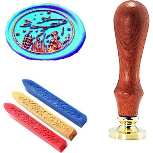 Swim Fish Seaweed Round Removable Wax Seal Stamp with Wooden Handle for Cards, Envelopes, Invitations