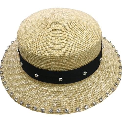 WeMe Cap Hand-made Straw Hat With Rhinestone Summer Flat Sun Hats for Women Chapeau Feminino Panama style