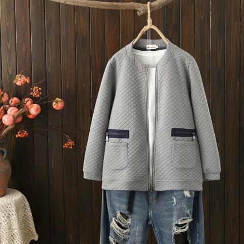 Plus size Womens autumn jacket 2021 fashion O-Neck pocket zipper Cardigan Womens clothing cotton solid color Womens outerwear