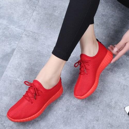 Women Flat Vulcanized shoes air Mesh Sneakers Autumn Non-slip Rubber Sole Lace Up Flats Soft casual Red Walking Shoes Chaussures