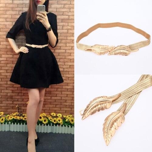 Anself Vintage Belt for Women Leaves Clasp Stretch Skinny Elastic Belt Metal Waist Strap Gold Ceinture Femme Woman Waist Belts