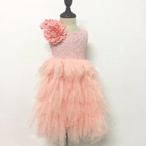 2017 Fall Girls Tulle Long Dress Sweet Puffy Maxi Dress for Princess Big Flower V back Costumes For Wedding Birthday Holiday