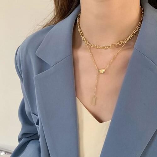 316L Stainless Steel Fashion Fine Jewelry Vintage 2 Layer Semicircle Tassel Charms Thick Chain Choker Necklace Pendant For Women