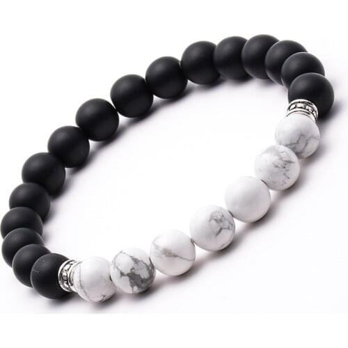 8mm round natural white stone black matte onyx beads combination handmade bracelet for unisex male female charm daily jewelry