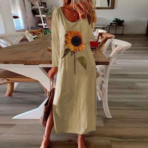 Elegant Women Long Sleeve Sunflower Print Dress Autumn O-neck Split Long Dresses Ladies Loose Maxi Dress Plus Size Vestidos