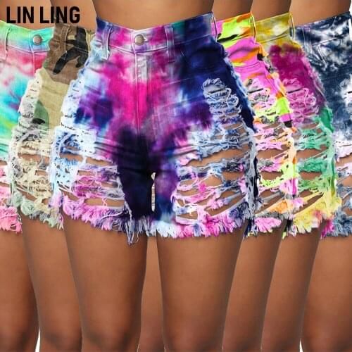 Summer Fashion Hot Pants for Women Sexy Cut Button Tie Dye Printed Hollow Skinny Denim Shorts