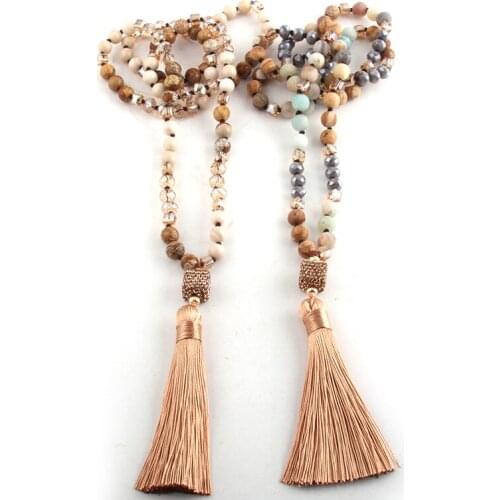 Fashion Bohemian Tribal Jewelry 8MM Natural Stone/Beige Glass Knotted Square Pave Tassel Necklace For Women Beaded Necklaces