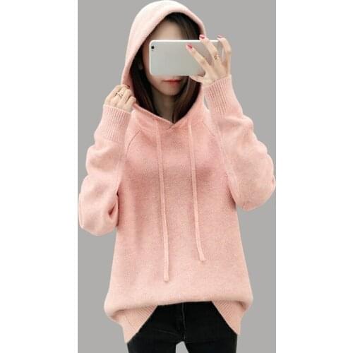 2019 spring new Casual Long Sleeve Sweater Women fashion Knitted Thick Hooded Sweater Pink Loose Pullovers Womens clothing